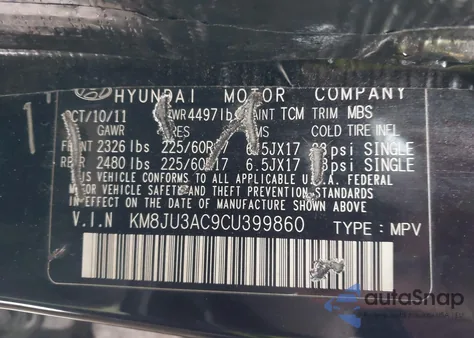 2012 Hyundai Tucson Gls z USA, uszkodzony, nr VIN KM8JU3AC9CU399860